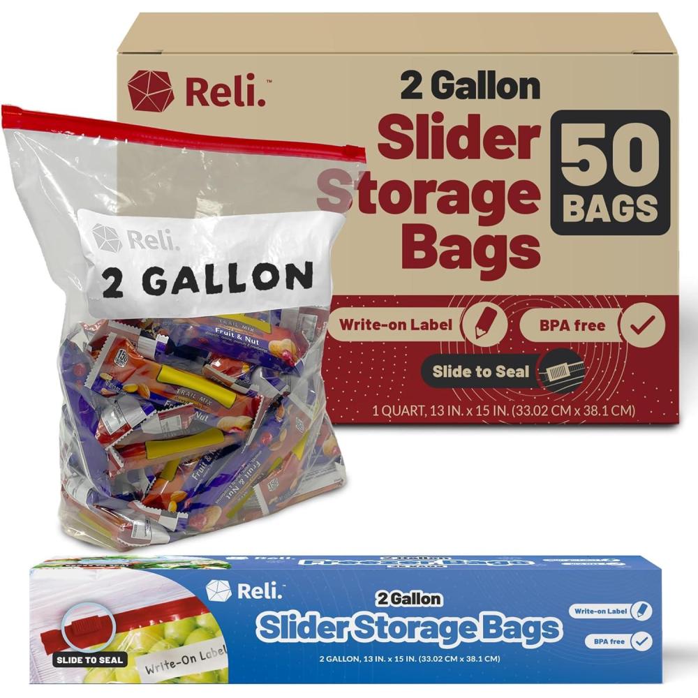 image:imageReli 2 Gallon Slider Bags 50 Count 13x15 inch Jumbo Food Storage Bags 2 Gallon Slider Write on Label 2Gal Sliding Storage Extra Large Clear wRed Sliding Closure for Food