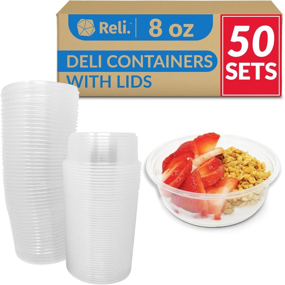 image:imageReli Deli Containers with Lids 50 Sets 8 oz Plastic Deli Containers with Lids 8oz Disposable To Go Food Storage Microwave amp Freezer Safe Clear