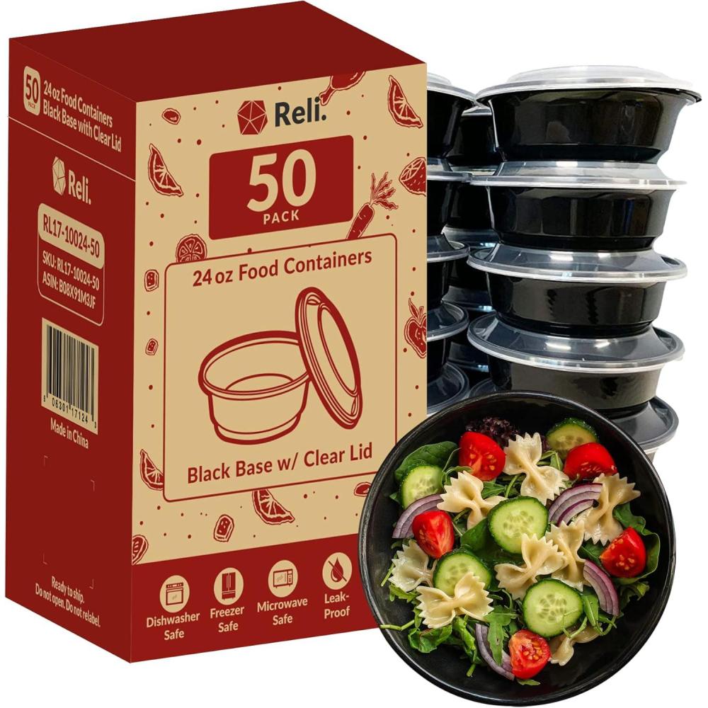 image:imageReli Meal Prep Container Bowls 24 oz 50 Pack Round Meal Prep Containers with Lids Reusable 24 oz Bowls with Lids Microwavable Black Food Storage Boxes Black