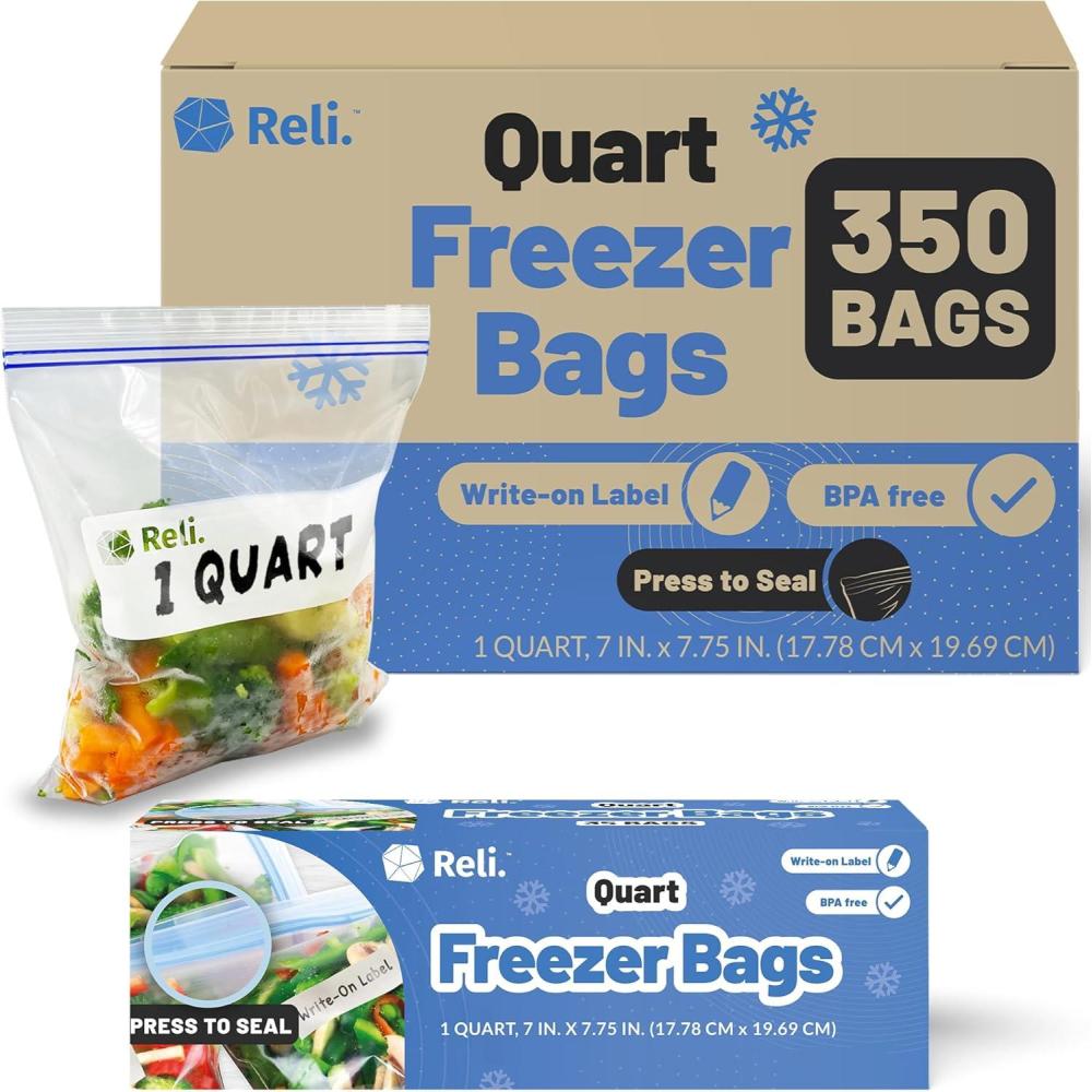 image:imageReli Quart Freezer Bags 350 Count 7x775 inch Freezer Bags Quart Size 1Qt Double Zipper Press to Seal Write On Label Food Storage for Freezing Bulk Clear