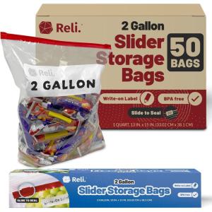 Reli. 2 Gallon Slider Bags (50 Count) 13×15 inch Jumbo Food Storage Bags, 2 Gallon | Slider, Write on Label | 2Gal Sliding Storage | Extra Large Clear w/Red Sliding Closure for Food