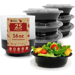 Reli. Meal Prep Container Bowls, 16 oz (25 Pack) Meal Prep Containers Reusable | Plastic Take Out Food Boxes, Microwavable Bowls with Lids | Disposable for Takeout, To Go, Leftover