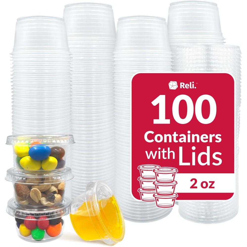 image:imageReli 2 oz Condiment Containers with Lids 100 sets Ideal for Sauce Souffle Samples Jello Shot Cups Disposable BPAFree Plastic Small Containers 2oz Bulk