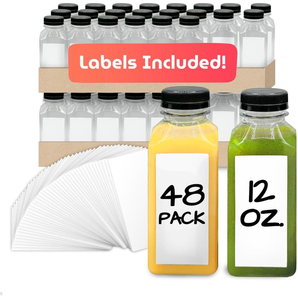 image:imageReli Plastic Juice Bottles 48 Pack 12 oz Square Plastic Juice Bottles with Caps amp Sticker Labels Clear Empty for Juicing 12oz Disposable Smoothies48
