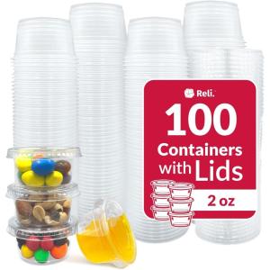 Reli. 2 oz Condiment Containers with Lids (100 sets) | Ideal for Sauce, Souffle, Samples, Jello Shot Cups | Disposable, BPA-Free Plastic | Small Containers 2oz, Bulk