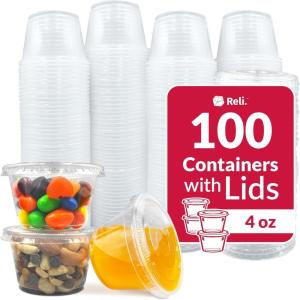 Reli. 4 oz Condiment Containers with Lids (100 sets) | Ideal for Sauce, Souffle, Samples, Jello Shot Cups | Disposable, BPA-Free Plastic | Small Containers 4oz, Bulk