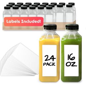 Reli. Plastic Juice Bottles [24 Bulk Pack, 16 oz] Square 16 oz Plastic Bottles with Caps & Sticker Labels | Clear, Empty for Drinks 16oz | Disposable, Reusable Containers for Juicing, Smoothies(24)