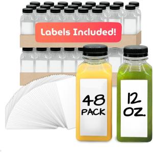 Reli. Plastic Juice Bottles (48 Pack, 12 oz) Square Plastic Juice Bottles with Caps & Sticker Labels | Clear, Empty for Juicing 12oz | Disposable, Smoothies(48)