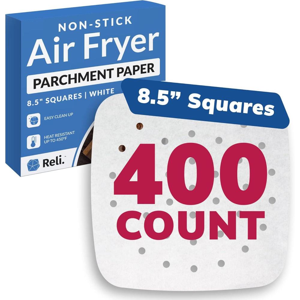 image:imageReli Air Fryer Parchment Paper Liners 400 Pcs White  85 Inch Square Disposable Liner Sheets  Parchment Paper for Air Fryer Steaming Baking  Perforated Food Grade
