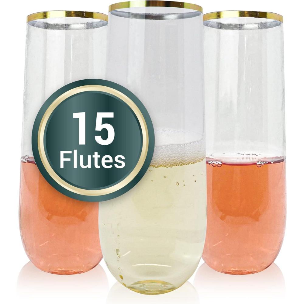 image:imageReli Champagne Flutes Plastic  15 Pack  9 oz  Gold Rim Clear  Stemless Premium Plastic Champagne Flutes  PartyPerfect for Celebrations