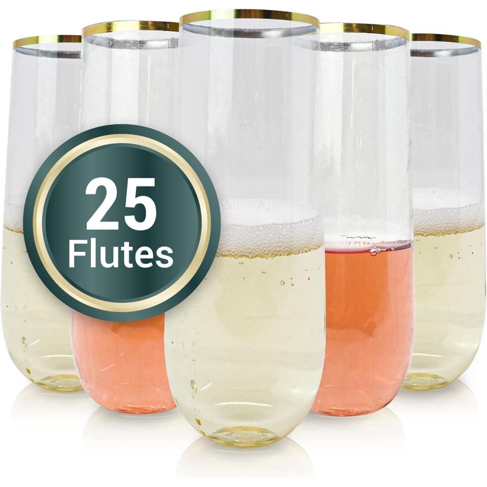 image:imageReli Champagne Flutes Plastic  25 Pack  9 oz  Gold Rim Clear  Stemless Premium Plastic Champagne Flutes  PartyPerfect for Celebrations25
