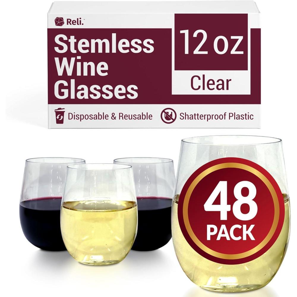 image:imageReli Disposable Wine Glasses 48 Pack 12oz Plastic Stemless Wine Glasses Disposable  Clear and Stemless for Parties Cocktails Whiskey Weddings  Shatterproof