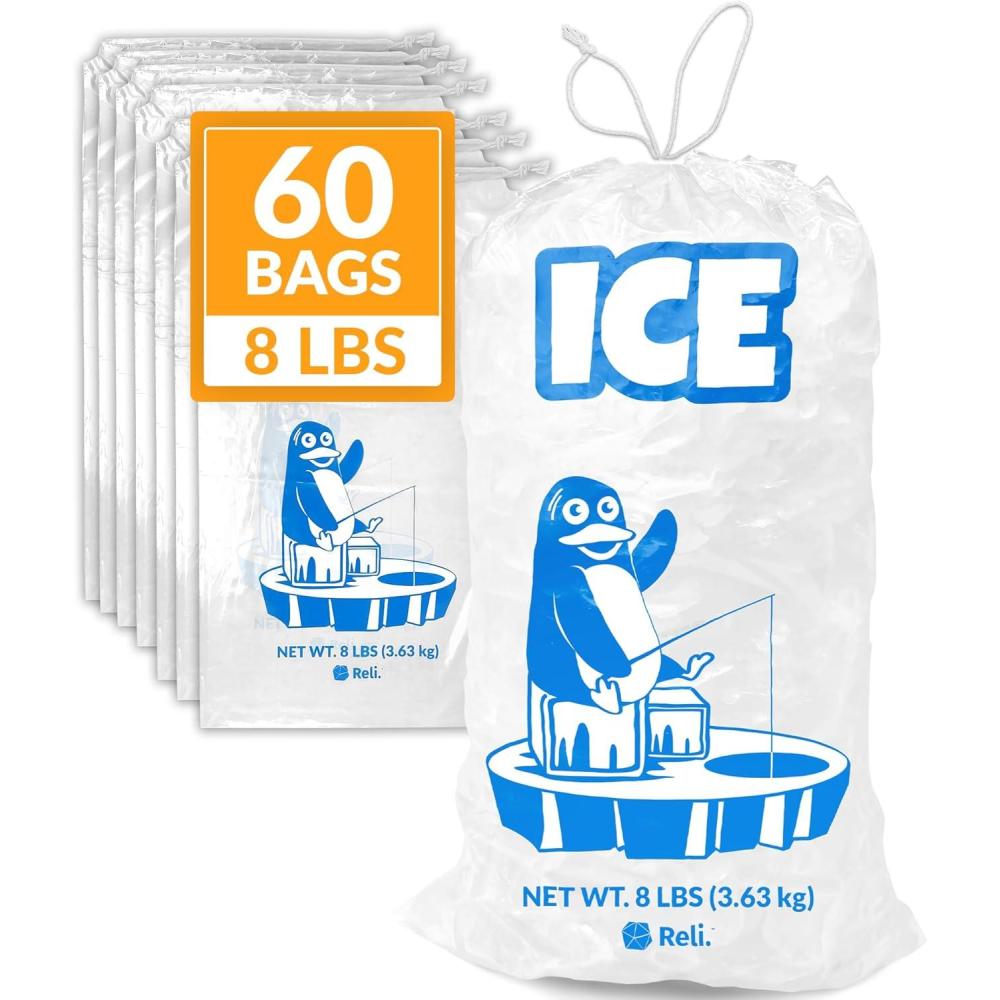 image:imageReli Plastic Ice Bags 8lb 60 Pack Cotton Drawstring 11 x 19 Reusable Heavy Duty Bags for Ice Machine Freezer Storage Clear Freezer Safe 15 Mil