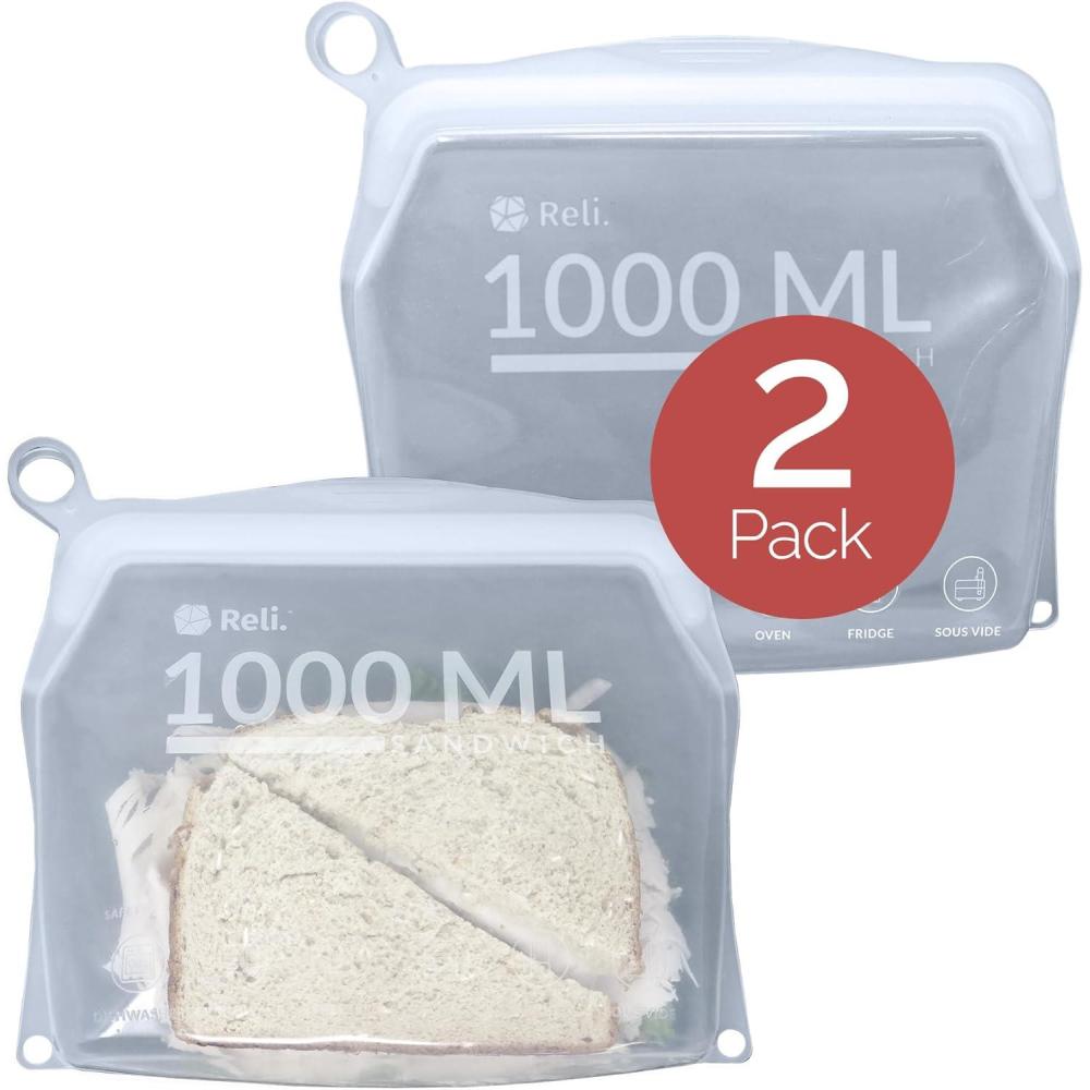 image:imageReli Reusable Silicone Bags 2 Pack  Sandwich 1000 ml Clear  Silicone Bags for Food Storage  Reusable Food Storage for Meal Prep  LeakProof DishwasherFreezer Safe