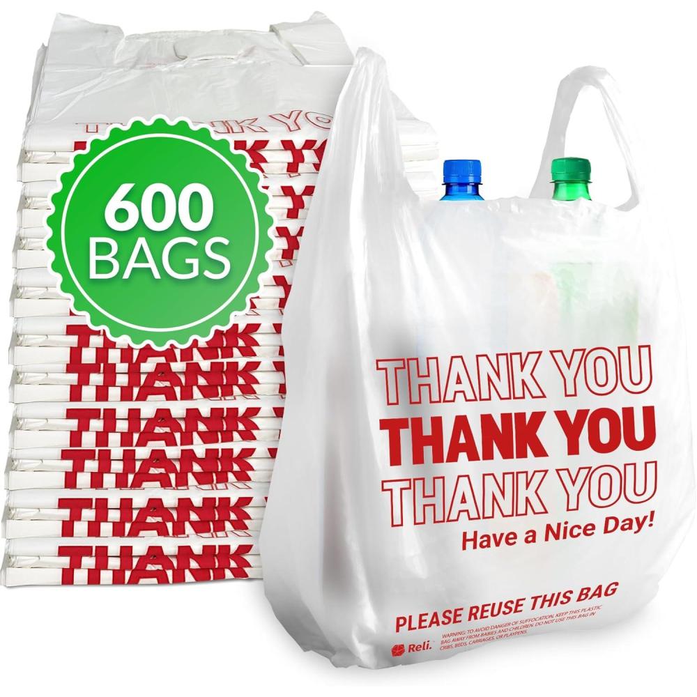 image:imageReli Thank You Bags  600 Pack  White Thank You Plastic Bags with Handles  Ideal for Grocery Shopping Food Take Out Restaurants Small Business 115 x 65 x 21