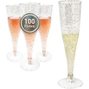Reli. Champagne Flutes Plastic | 100 Pack | 4.5 oz – Gold Glitter | Premium Plastic Champagne Flutes | Party-Perfect for Celebrations