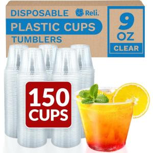 Reli. Plastic Cups 9 oz | 150 Pack | Disposable Party Cups | Clear Plastic, Disposable Glasses (Tumblers) | Elegant