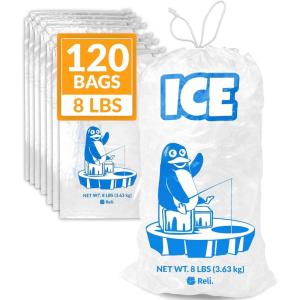 Reli. Plastic Ice Bags 8lb (120 Pack Bulk) Cotton Drawstring | 11″x19″ Reusable Heavy Duty Bags for Ice Machine, Freezer Storage | Clear, Freezer Safe (1.5 Mil)(120)