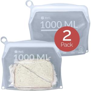 Reli. Reusable Silicone Bags (2 Pack) | Sandwich (1000 ml), Clear | Silicone Bags for Food Storage | Reusable Food Storage for Meal Prep | Leak-Proof, Dishwasher/Freezer Safe