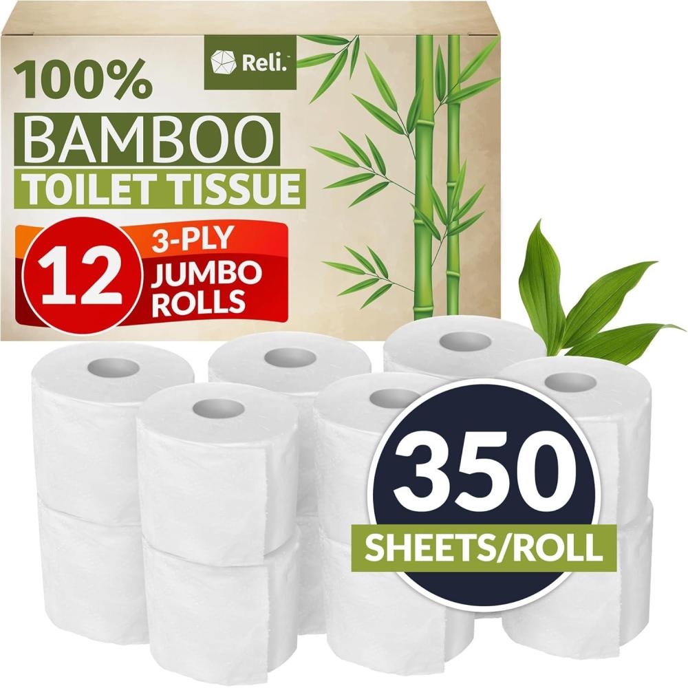 image:imageReli Bamboo Toilet Paper 12 Jumbo Rolls  3 Ply Toilet Paper 350 SheetsRoll Bathroom Tissue  Organic Bath Tissue  Bamboo Chemical Free Rolls 4200 Sheets TotalStandard 3Ply 12 Rolls