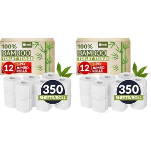Reli. Bamboo Toilet Paper (12 Jumbo Rolls) | 3 Ply Toilet Paper (350 Sheets/Roll) Bathroom Tissue | Organic Bath Tissue | Bamboo Chemical Free Rolls (4200 Sheets Total)(Standard 3-Ply (12 Rolls) (Pack of 2))