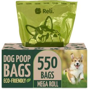 Reli. Biodegradable Dog Poop Bags (550 Count, Bulk) (Large Single Roll – Dispenser Box) | 9×13″ Large Dog Bags for Poop | Green, Eco-Friendly | Oxobiodegradable Pet Waste Disposal | Unscented