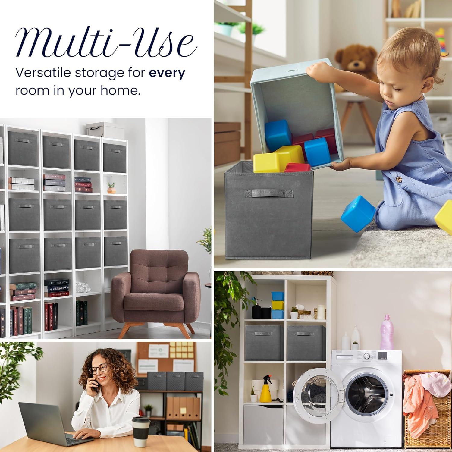 image:imageReli 11 Inch Cube Storage Bins 12 Pack Cube Organizer Bins 11x11 Fabric Storage Boxes Collapsible Foldable Fabric Cubby Box Square Kids Room Organization Dark Gray