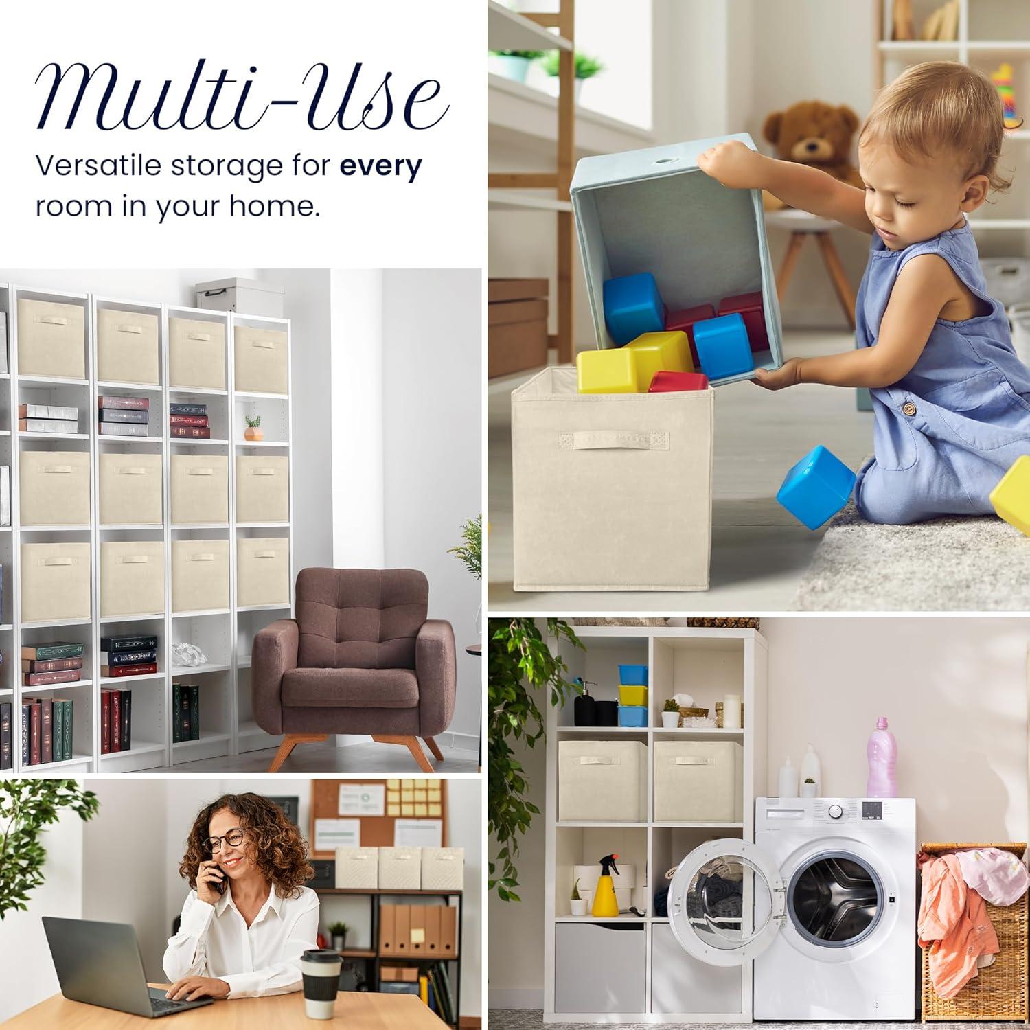 image:imageReli 11 Inch Cube Storage Bins 12 Pack Cube Organizer Bins 11x11 Fabric Storage Boxes Collapsible Foldable Fabric Cubby Box Square Kids Room Organization Beige
