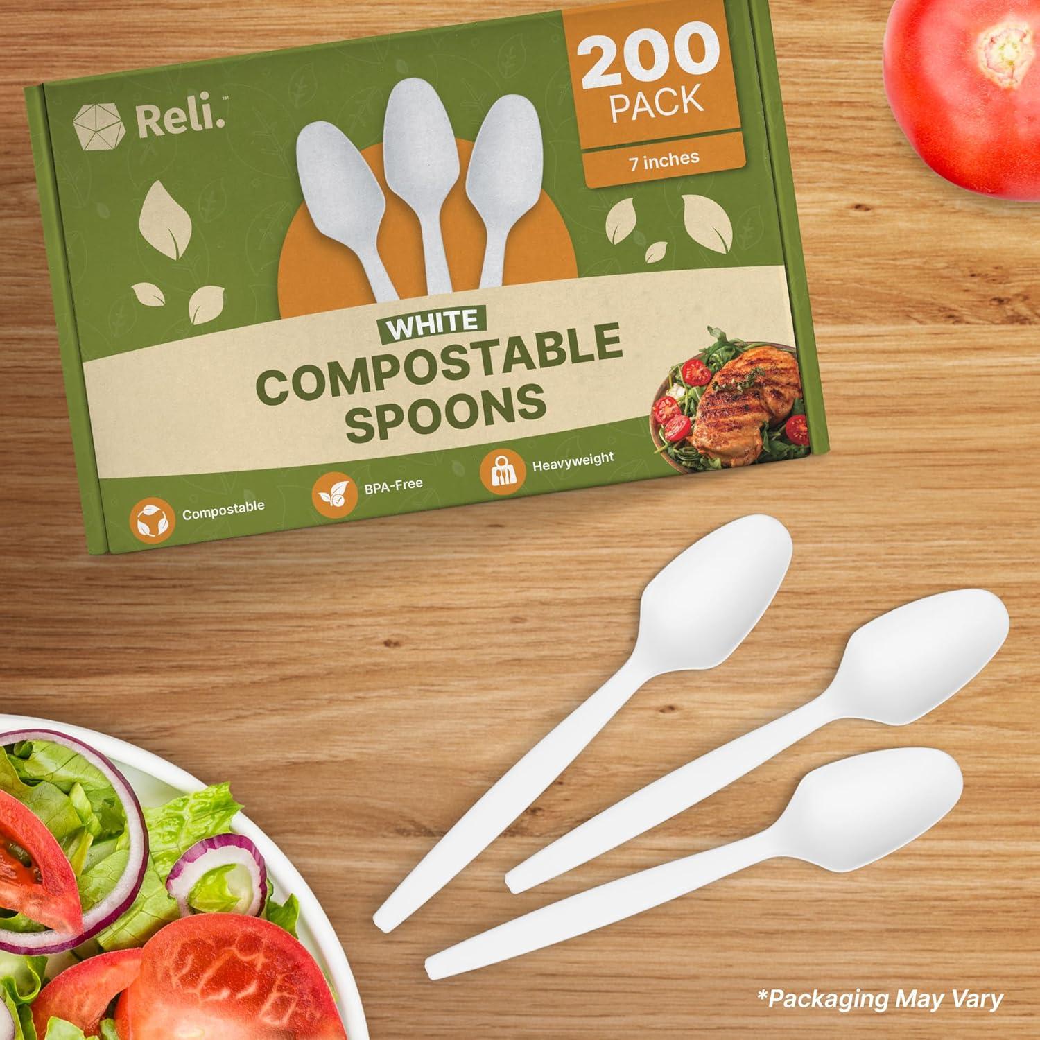 image:imageReli Compostable Spoons 200 Pack Soup Spoons Disposable Utensils Heavy Duty Compostable Utensils Cutlery for Party Hot Food Party Supplies BPA Free Cornstarch White