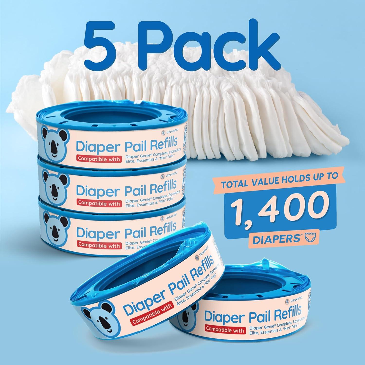 image:imageReli Diaper Pail Refill Bags Compatible with Genie Complete Expressions 5 Pack Pail Refills Unscented Odor Blocking Strong Easy Replacement Holds up to 1400 Newborn Diapers