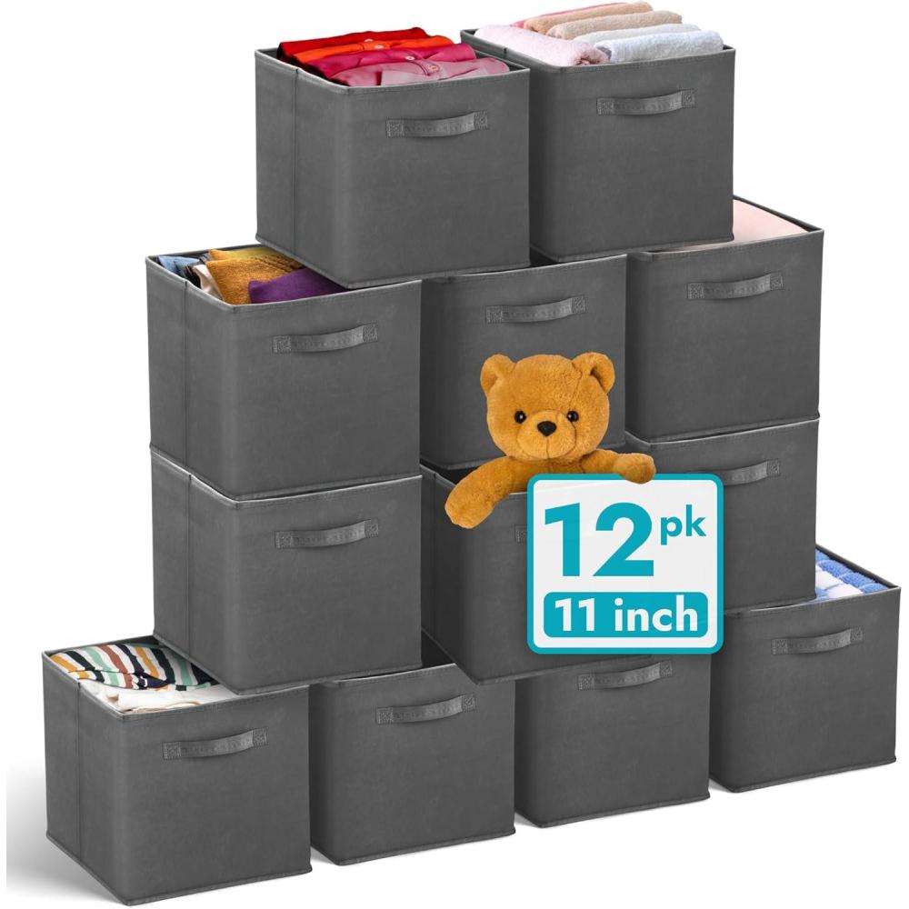 image:imageReli 11 Inch Cube Storage Bins 12 Pack Cube Organizer Bins 11x11 Fabric Storage Boxes Collapsible Foldable Fabric Cubby Box Square Kids Room Organization Dark Gray