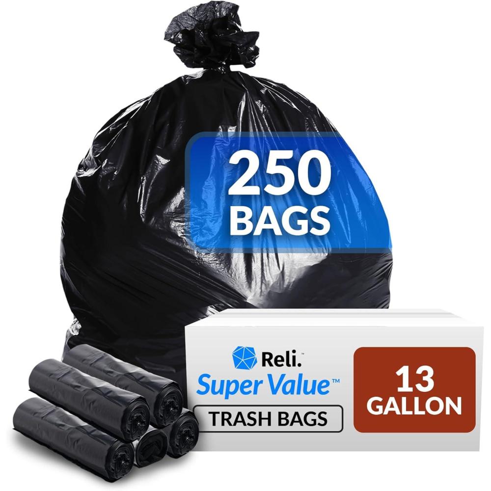 image:imageReli 13 Gallon Trash Bags 250 Bags Black Tall Kitchen Strong Garbage