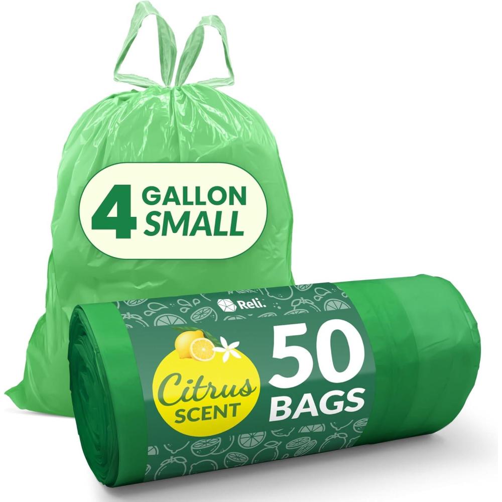 image:imageReli 4 Gallon Trash Bags Drawstring 50 Count Citrus Scented Small Trash Bags Garbage Liners for Bathroom Can 2 Gal 3 Gallon 4 Gal Small Can Liners Green