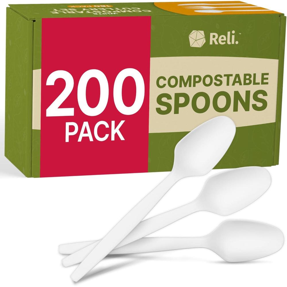 image:imageReli Compostable Spoons 200 Pack Soup Spoons Disposable Utensils Heavy Duty Compostable Utensils Cutlery for Party Hot Food Party Supplies BPA Free Cornstarch White