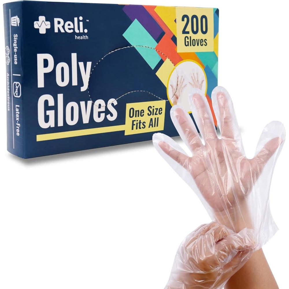 image:imageReli Disposable Gloves 200 Pcs Bulk Food GradeSafeServicePrep One Size Fits All Poly Plastic Gloves for CookingKitchen Embossed PE Plastic for Hand Protection Clear