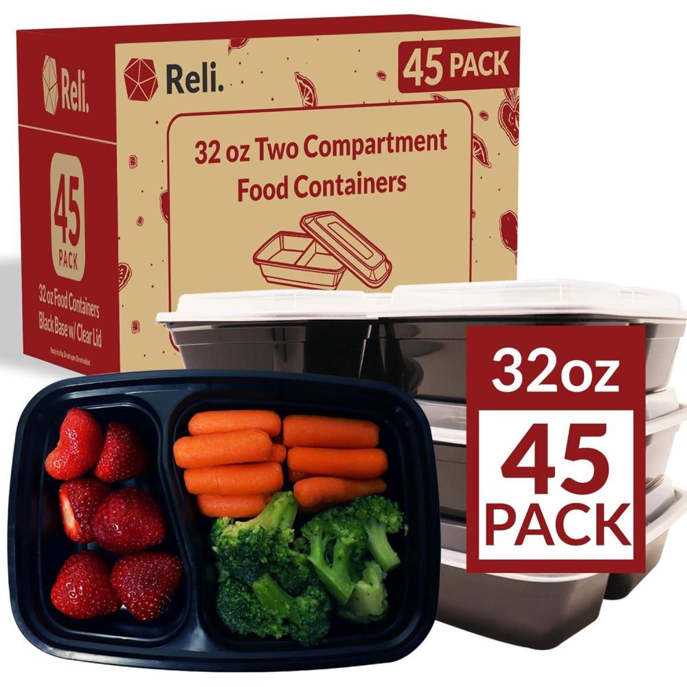 image:imageReli Meal Prep Containers 32 oz 45 Pack 2 Compartment Food Container wLids Microwavable Food Storage To Go Black Reusable Bento BoxLunch Box for Meal Prep