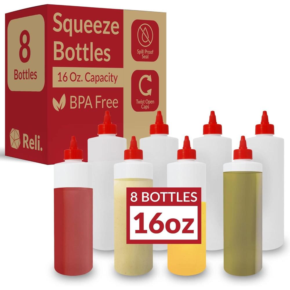 image:imageReli Plastic Squeeze Bottles 16 oz 8 Pack Condiment Squeeze Bottles for Sauces Clear wRed Twist Cap 16 Ounce Hot Sauce Ketchup Condiments Olive Oil Liquids