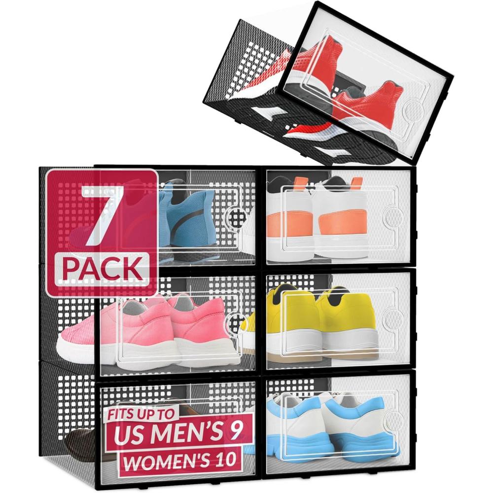 image:imageReli Shoe Boxes 7 Pack  Clear Shoe Storage Boxes Stackable and Compact  Lightweight Plastic Storage Box with Ventilation Holes Swing Door  Interlocking Containers Stackable Rack  Black