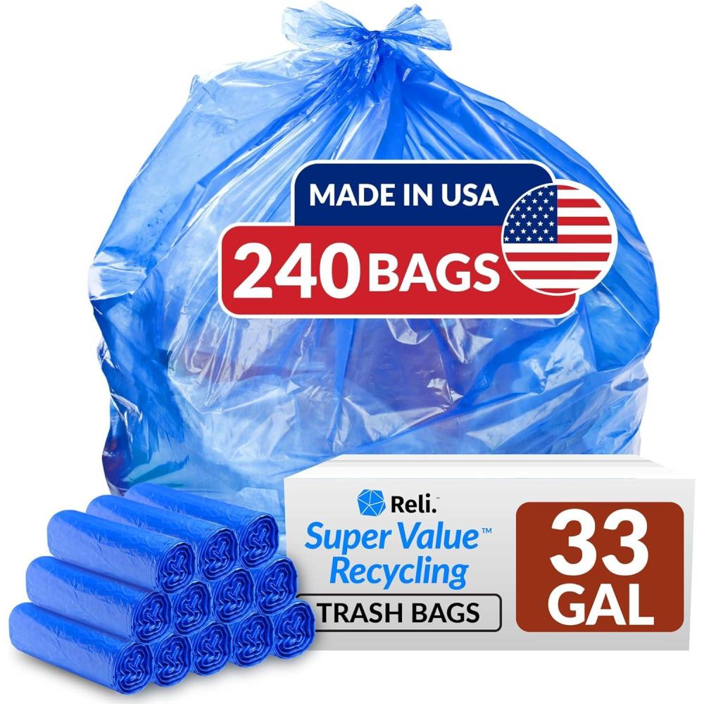 image:imageReli SuperValue 33 Gallon Recycling Bags 240 Count Bulk Made in the USA  Blue Trash Bags 3033 Gallon  Blue Recycling Garbage  33Gal with 30Gal 33Gal 35Gal Capacity1 Count Pack of 240