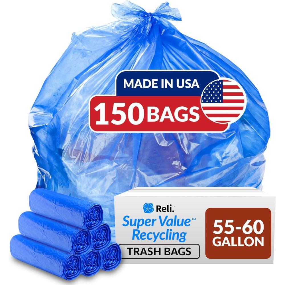 image:imageReli SuperValue 5560 Gallon Recycling Bags 150 Count Blue Trash Bags Made in the USA