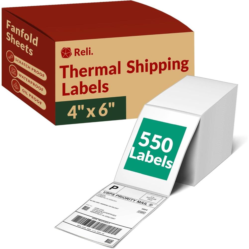 image:imageReli Thermal Shipping Labels 4x6 550 Sheets Fanfold Direct Heat Printer Paper Labels Shipping Stickers Compatible with Most Thermal Printers1 Stack 550 Labels