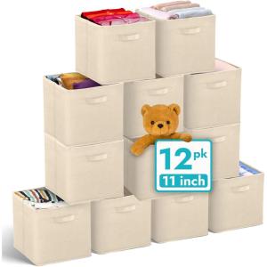 Reli. 11 Inch Cube Storage Bins (12 Pack) | Cube Organizer Bins | 11×11 Fabric Storage Boxes | Collapsible, Foldable Fabric Cubby Box (Square) | Kids Room Organization (Beige)