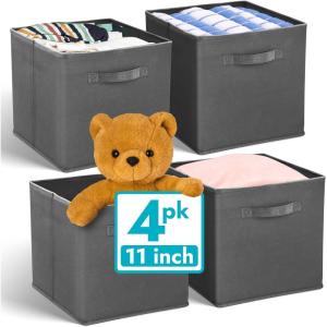 Reli. 11 Inch Cube Storage Bins (4 Pack) | Cube Organizer Bins | 11×11 Fabric Storage Boxes | Collapsible, Foldable Fabric Cubby Box (Square) | Kids Room Organization (Dark Gray)