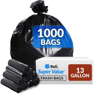 Reli. 13 Gallon Trash Bags | 1000 Bags | Black | Tall Kitchen | Strong | Garbage