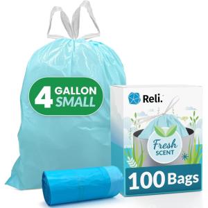 Reli. 4 Gallon Trash Bags Drawstring (100 Count) | Fresh Scented Small Trash Bags for Bathroom Can | 2 Gal – 3 Gallon – 4 Gal Small Trashcan Liners (Blue)