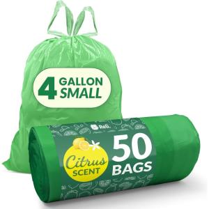 Reli. 4 Gallon Trash Bags Drawstring (50 Count) | Citrus Scented Small Trash Bags | Garbage Liners for Bathroom Can | 2 Gal – 3 Gallon – 4 Gal Small Can Liners (Green)