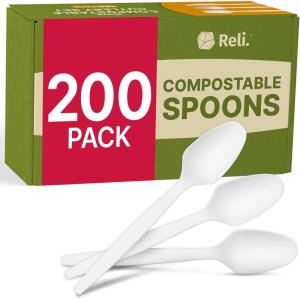 Reli. Compostable Spoons (200 Pack) | Soup Spoons, Disposable Utensils Heavy Duty | Compostable Utensils, Cutlery for Party, Hot Food, Party Supplies | BPA Free, Cornstarch (White)