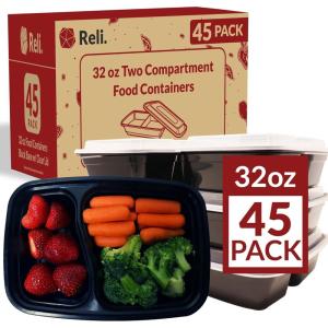 Reli. Meal Prep Containers 32 oz. | 45 Pack | 2 Compartment Food Container w/Lids | Microwavable Food Storage, To Go | Black Reusable Bento Box/Lunch Box for Meal Prep