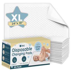 Reli. Premium XL Disposable Baby Changing Pad Liners | XL 24″ x 18″ | 55 Pack | Super Absorbent, Soft, Leak-Proof, Waterproof, Quick Dry | Carry On The Go for Quick Diaper Changes (White)