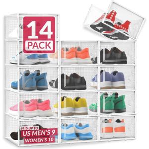 Reli. Shoe Boxes (14 Pack) | Clear Shoe Storage Boxes Stackable and Compact | Lightweight Plastic Storage Box with Ventilation Holes, Swing Door | Interlocking Containers, Stackable Rack | White